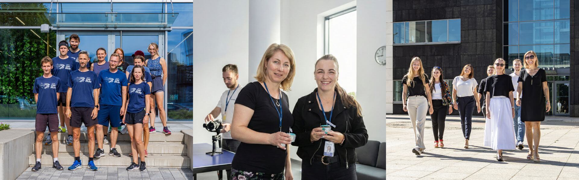 Kolaż zdjęć: grupa biegaczy, dwie kobiety pozujące do zdjęcia z babeczkami i zespół spacerujący po krakowskim kampusie