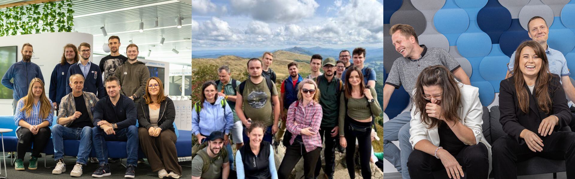 Kolaż zdjęć pracowników Comarchu, grupowe zdjęcia w showroomie, w górach i śmiech podczas sesji zdjciowej