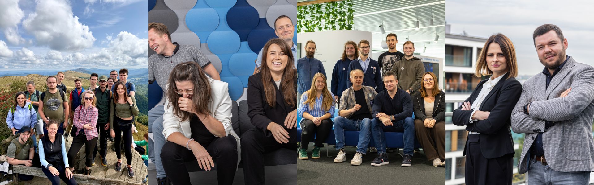 Kolaż zdjęć pracowników Comarchu, grupowe zdjęcia w showroomie, w górach i śmiech podczas sesji zdjciowej