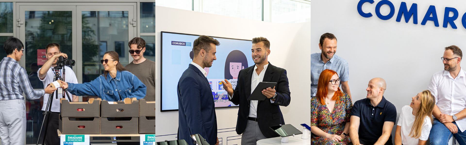 Kolaż zdjęć: śniadanie rowerowe, rozmowa konsultantów w showroomie, wesoła atmosfera podczas sesji