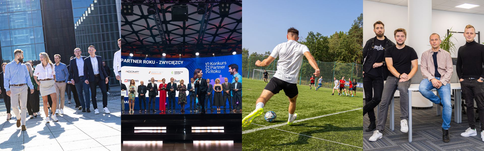 Kolaż zdjęć zespołu ERP: wydarzenia, taras lubelskiego biura, krakowski kampus