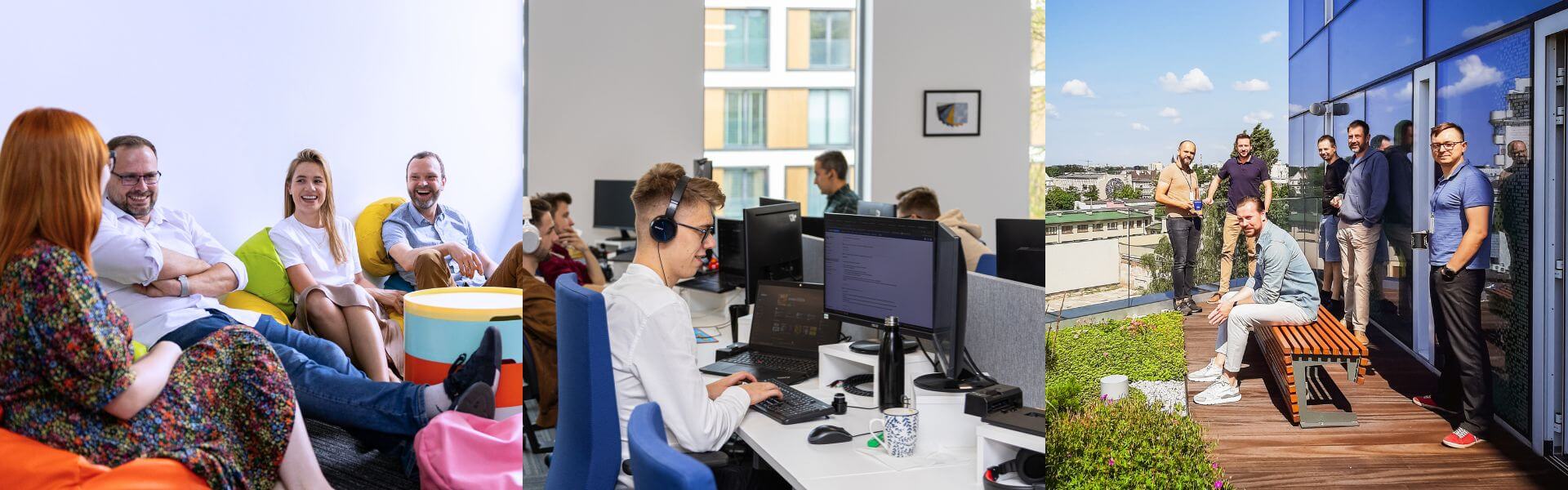 Kolaż zdjęć pracowników Comarch, na łódzkim tarasie, z wnętrza biura w Lublinie, w strefie wypoczynku w Katowicach