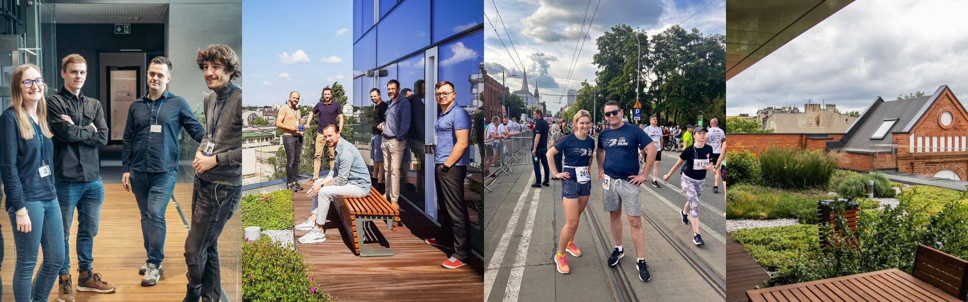kolaż zdjęć z łódzkiego oddziału Comarch, grupa pracowników, budynek, uczestnicy biegu