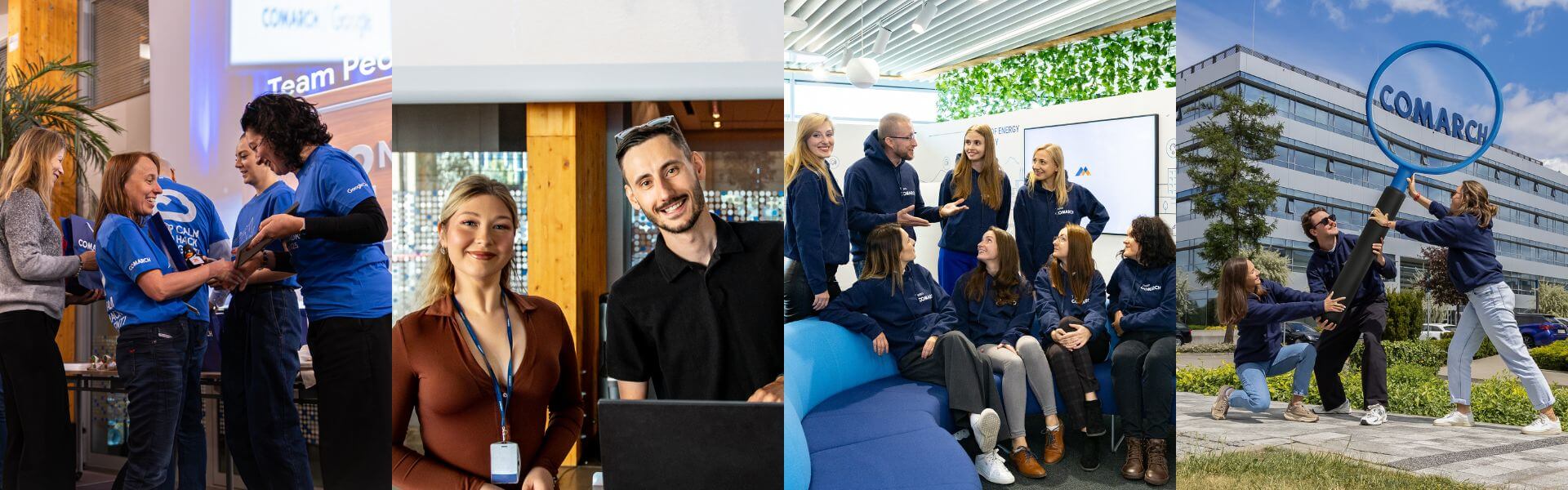 Zespół Employer Branding siedzący na murku z dużym logo Comarch