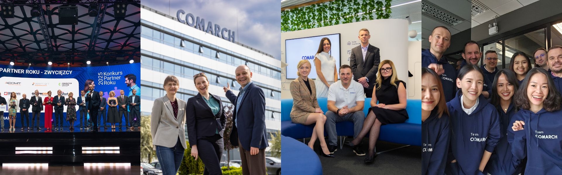 Kolaż zdjęć: wydarzenie biznesowe, pracownicy pozujący do zdjęcia, selfie z zawodów piłkarskich