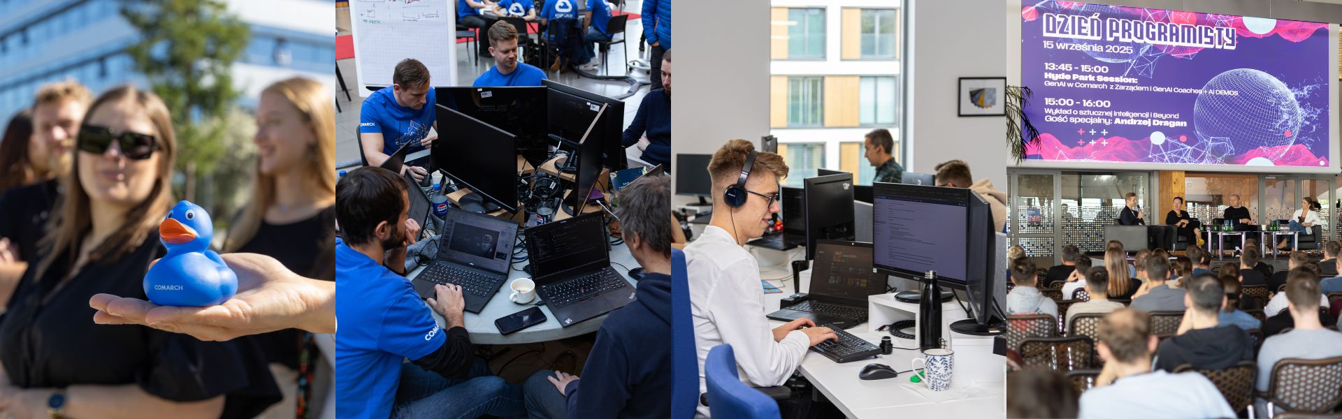 Kolaż zdjęć: gumowa kaczuszka comarch, hackathon, programiści z lubelskiego oddziału, dzień programisty w Krakowie