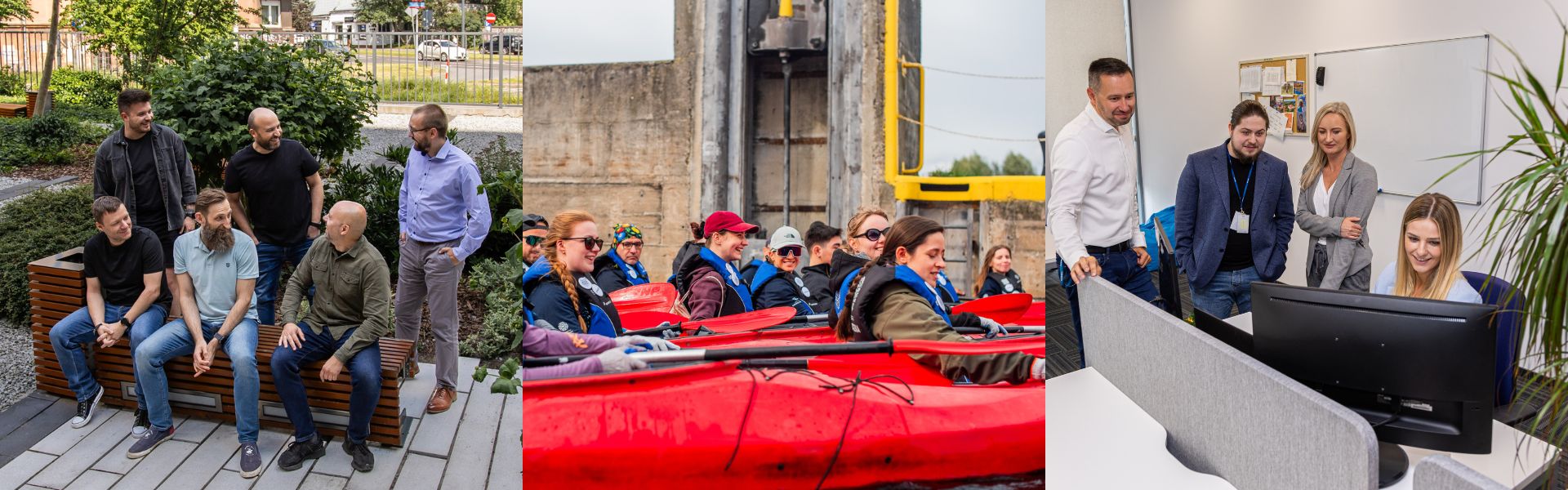 Kolaż zdjęć: grupowe zdjęcie, wyprawa kajakowa, zespół w biurze