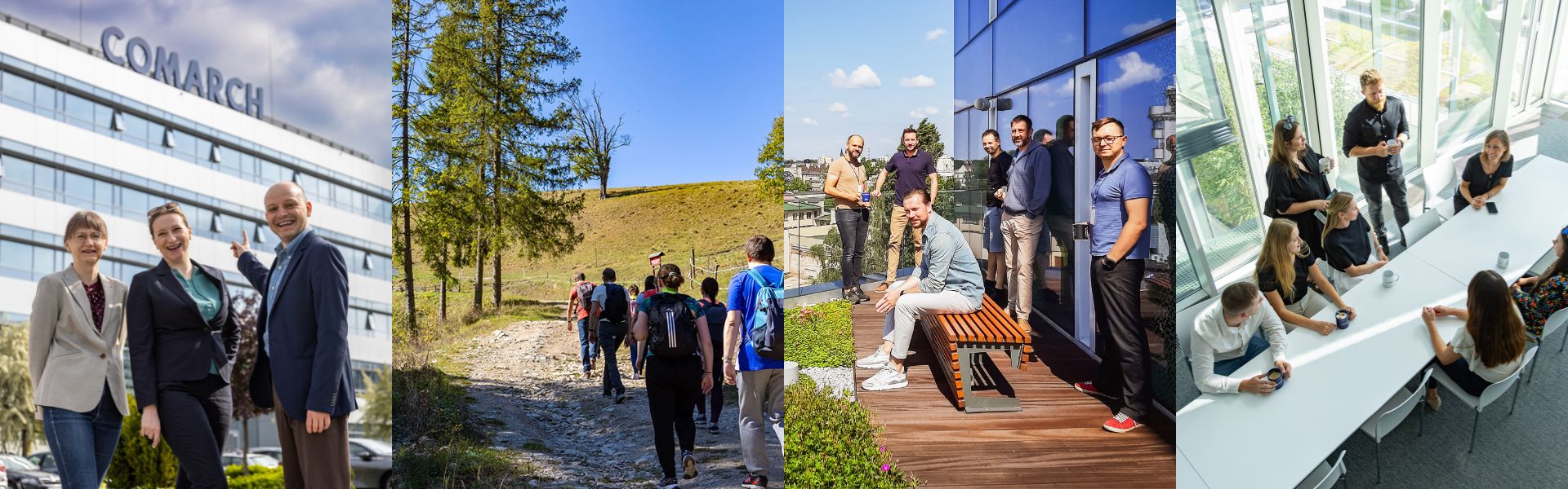 Kolaż zdjęć pracowników Comarchu, krakowski kampus, górska wycieczka, biuro i taras w łódzkim biurze