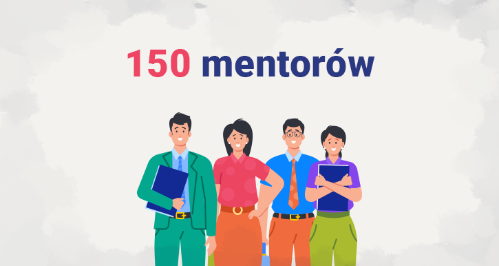 ilustracja 4 mentorów letnich staży comarch, na górze podpis "150 mentorów"