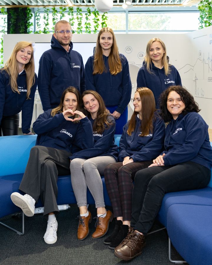 Zespół uśmiechający się i wysyłający Ci serduszko z wnętrza showroomu Comarch