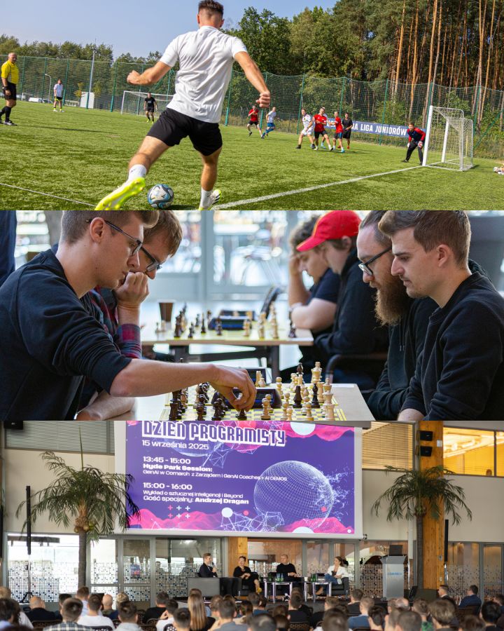 Kolaż zdjęć z wydarzeń: turniej piłki nożnej, turniej szachowy, wykład z okazji dnia programisty