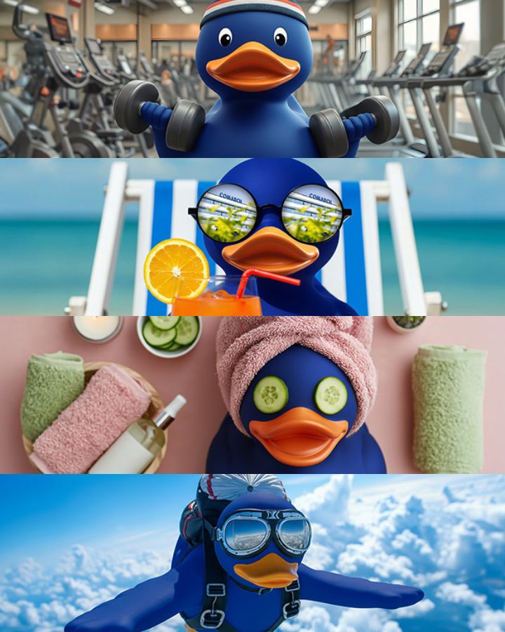 Kolaż ilustracji przedstawiających niebieską kaczuszkę podczas różnych aktywności: siłownia, wakacje, spa, skos ze spadochronem