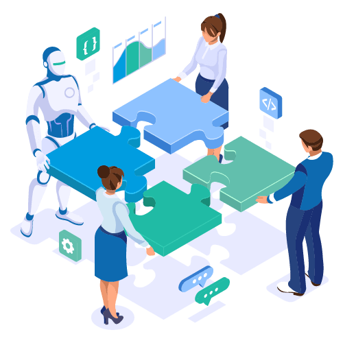 grafika ilustrująca współpracę różnych specjalistów i robota symbolizującego sztuczną inteligencję